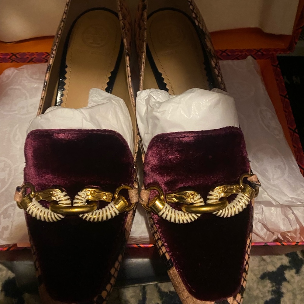Tory Burch Burgundy Velvet Loafers with Gold Chain Accent